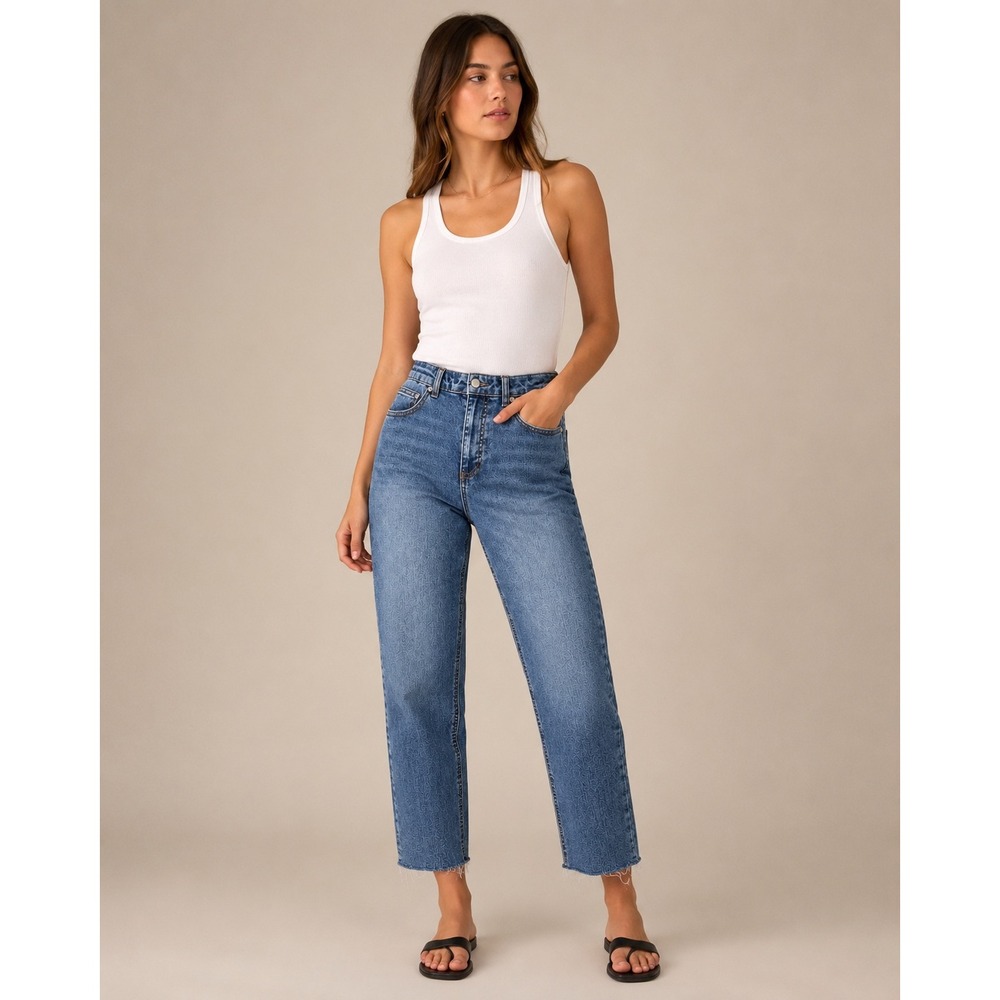 OAT New York High Rise Straight Leg Raw Hem Jeans Women's Size 10/30 Blue